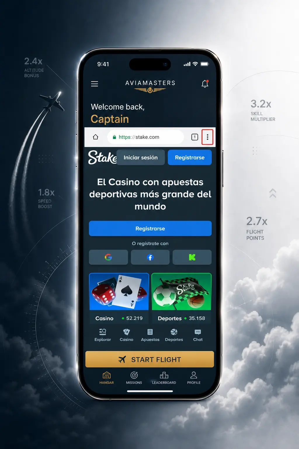 Captura de pantalla que muestra cómo acceder a Aviamasters desde la app de Stake en tu teléfono móvil