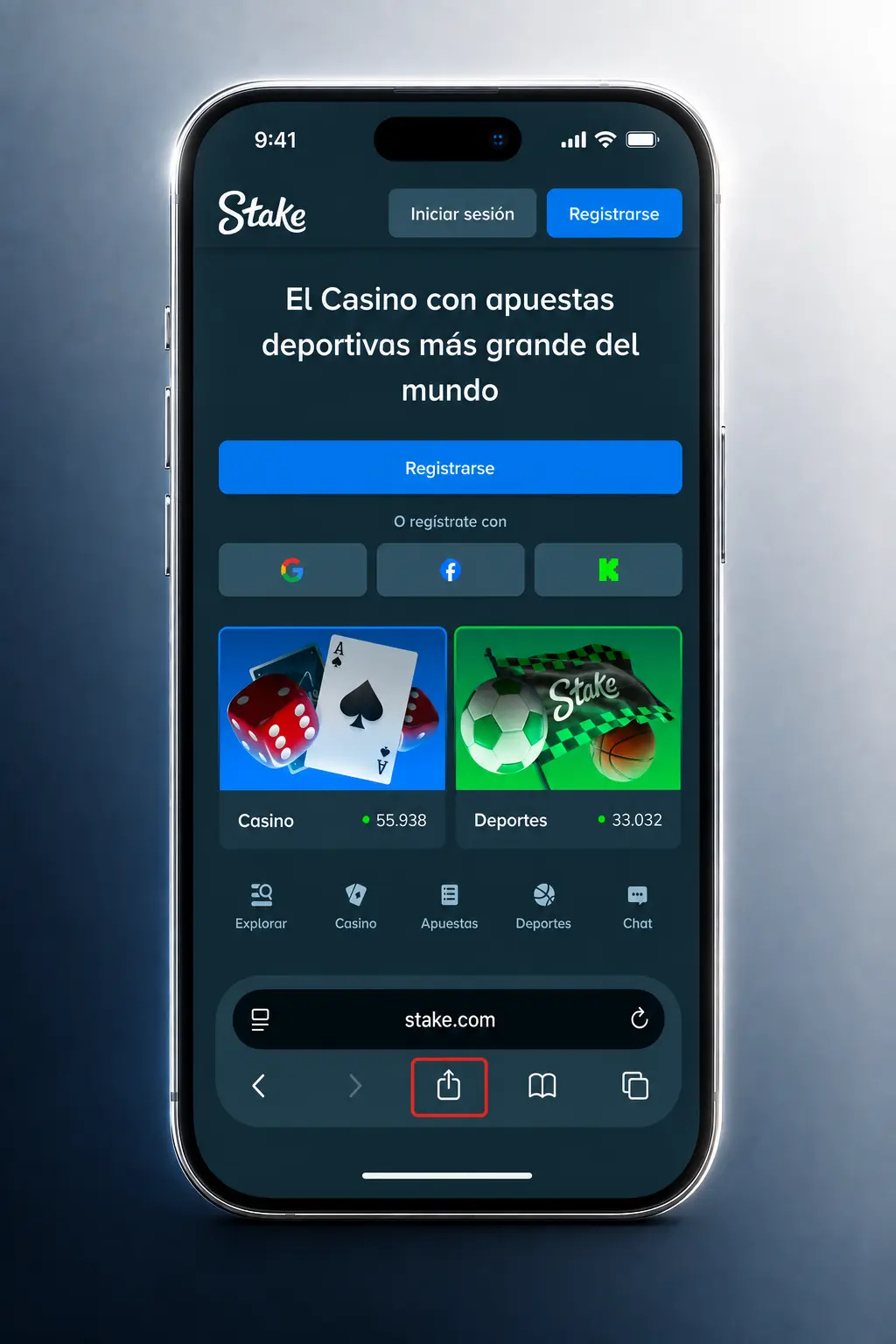 Pasos para instalar la app de Stake en iPhone mediante PWA desde Safari, agregándola a la pantalla de inicio
