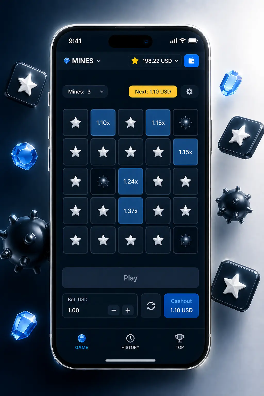Captura de pantalla de una ronda activa de Mines en Stake mostrando la grilla con fichas reveladas y multiplicador.