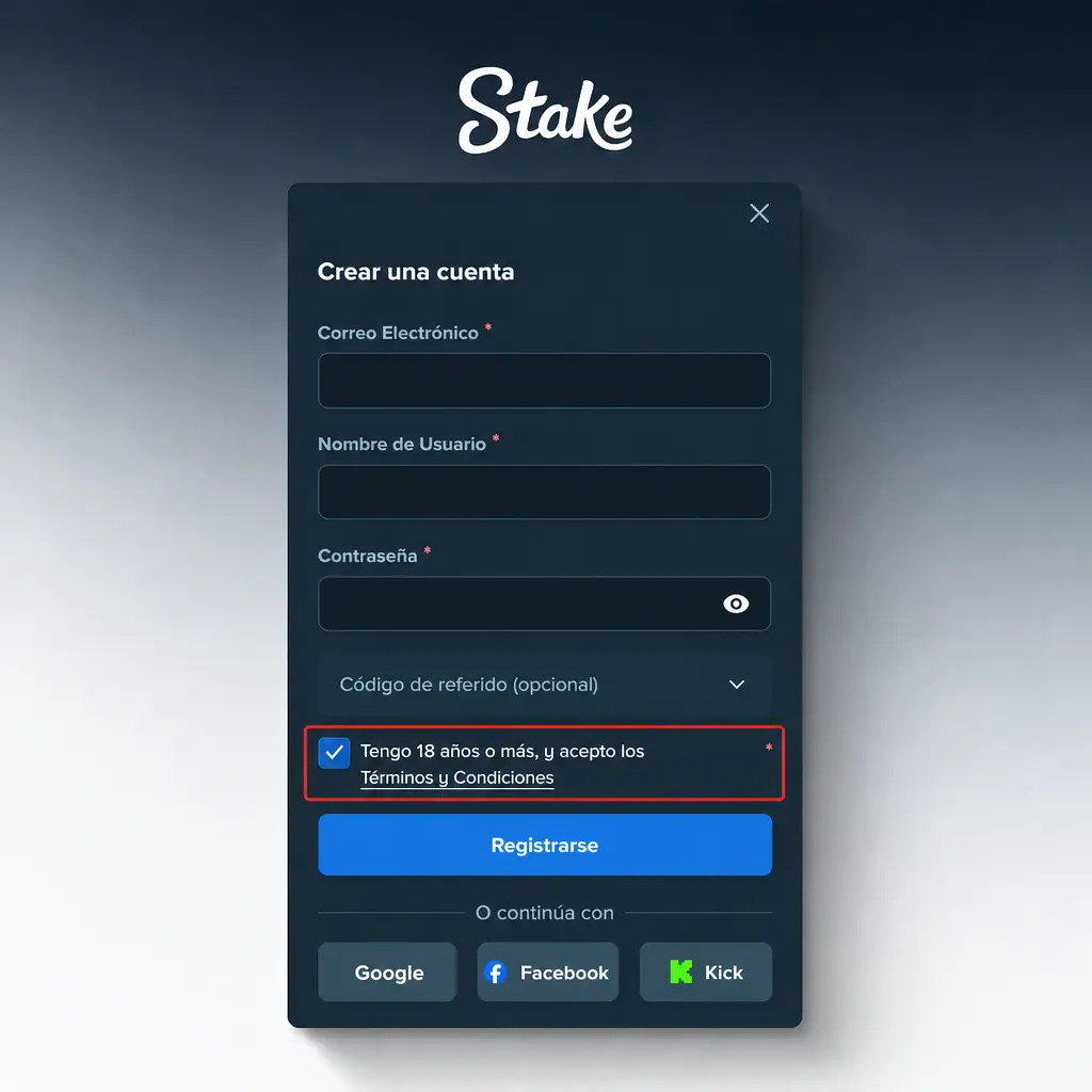 Pasos para registrarte en Stake: formulario de cuenta, datos personales, verificación y acceso al casino y sportsbook.