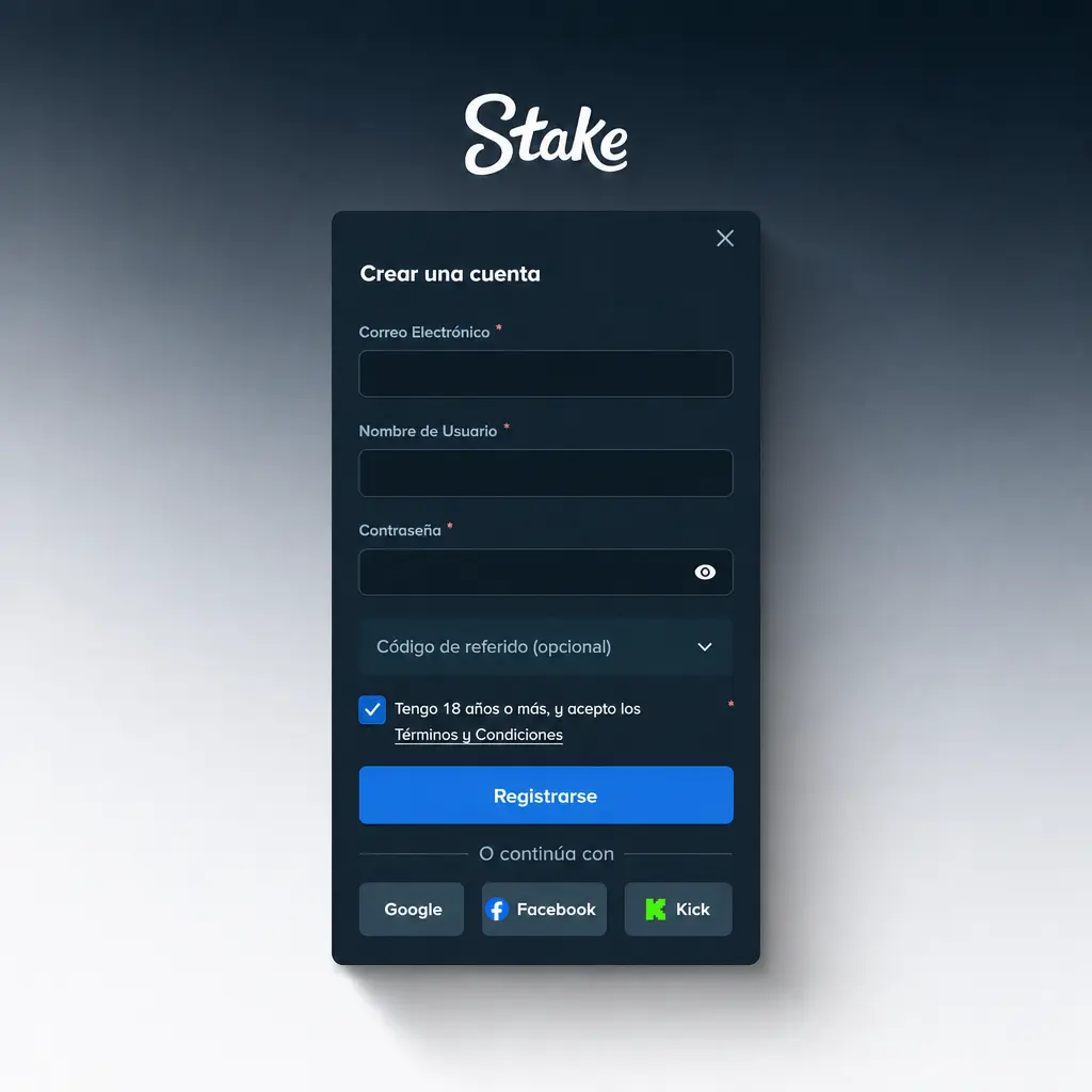 Pasos para registrarte en Stake: formulario de cuenta, datos personales, confirmación y acceso al casino y sportsbook