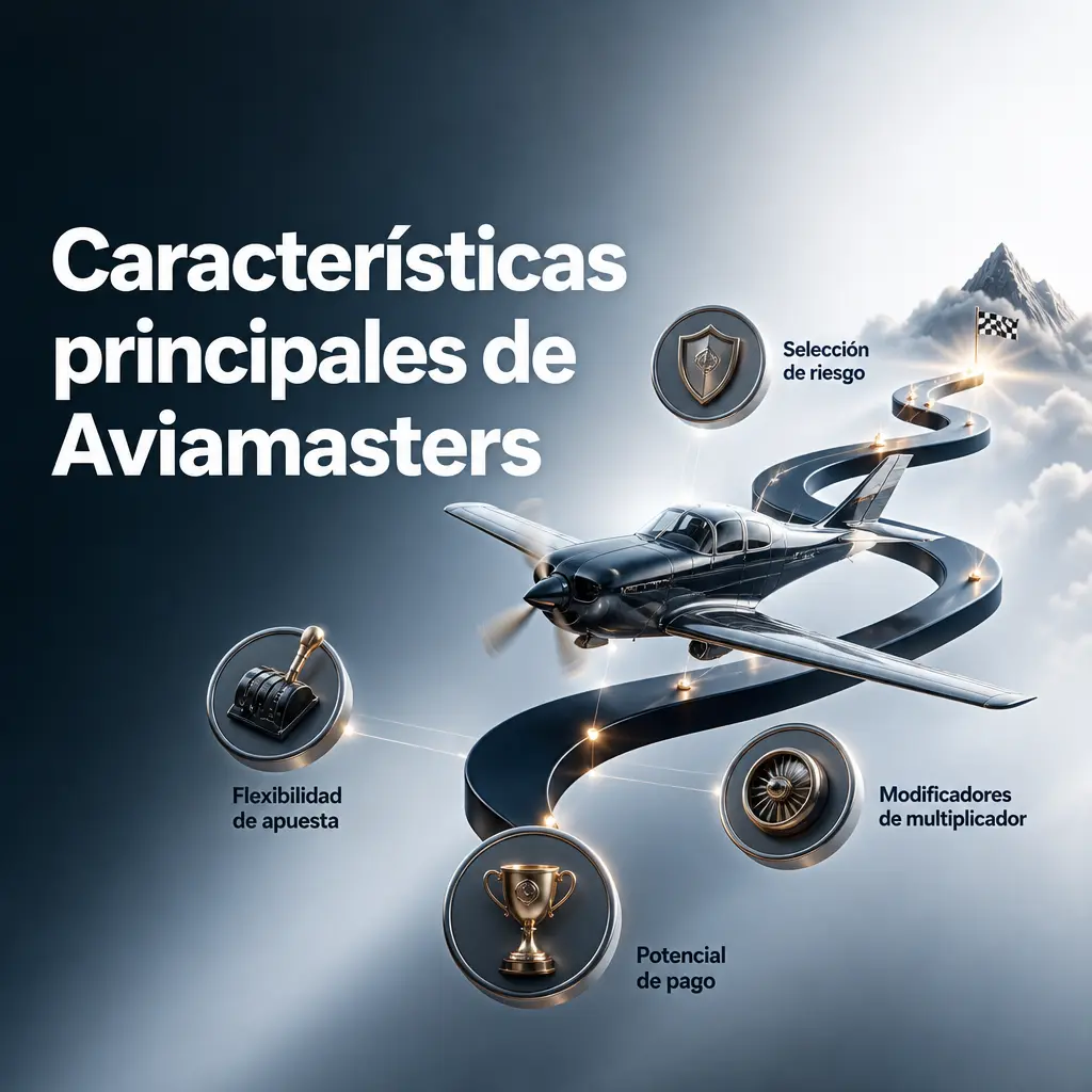 Características principales de Aviamasters: niveles de riesgo, multiplicadores, pagos hasta 10.000x y rondas rápidas de apuesta.